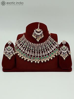 Designer Heavy Necklace Set In Brass For Wedding With Earrings And Mangtika