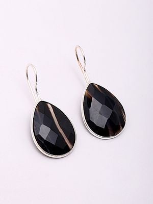 Teardrop Shape Faceted Black Banded Agate Earrings