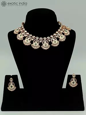 Floral Design Meenakari Necklace Set With Studded Kundan And Earrings