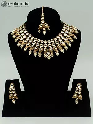 Triple Layered Brass Necklace Set With Hanging Beads And Earrings