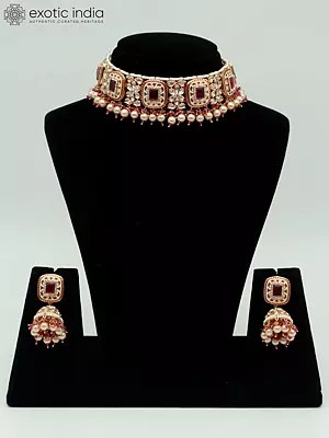 Kundan Studded Meenakari Choker Necklace With Beads And Earrings