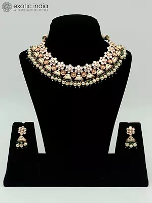 Floral Design Meenakari Brass Necklace Set With Beautiful Earrings