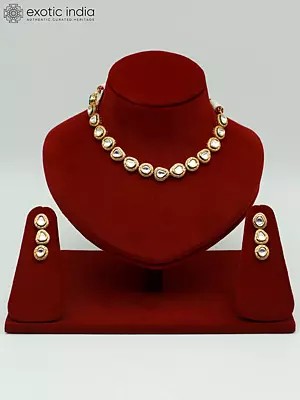 Kundan Studded Necklace Set For Wedding With Drop Beads And Earrings