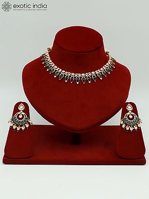 Trendy Light Necklace Set With Green Studded Kundan And Earrings