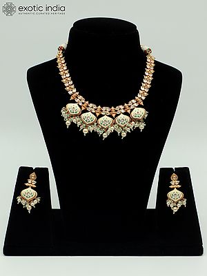 Meenakari Necklace Set In Leaf Design With Hanging Beads And Earrings