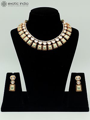 Square Shape Brass Necklace Set With Meenakari Carving And Earrings