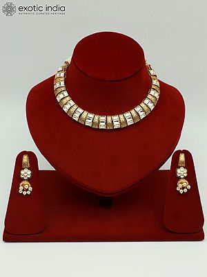 Hasli Look Brass Necklace Set With Attractive Carving And Earrings