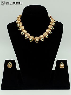 Kundan Studded Light Necklace Set With Brass Carving Tops For Women