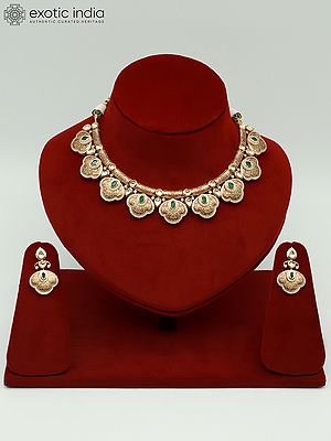 Beautiful Brass Necklace Set With Studded Kundan And Earrings