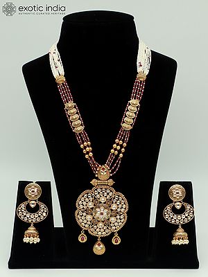 Kundan Studded Bandhai Long Necklace Set With Earrings In Rajwadi Look
