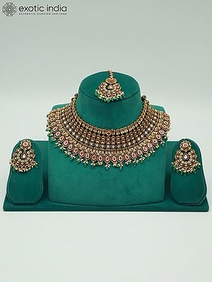 Beautiful Brass Necklace Set With Attractive Mangtika And Earrings