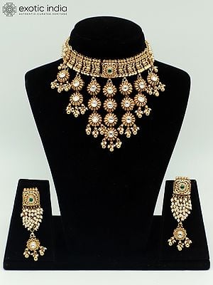 Rajwadi Design Choker Necklace Set With Beautiful Carving Earrings And Hanging Beads