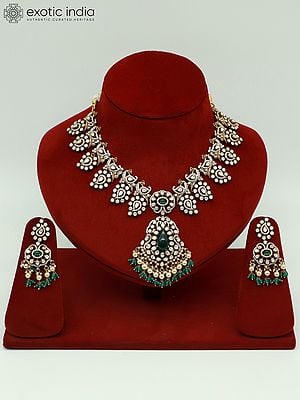 Moissanite Kundan Necklace Set With Beautiful Earrings And Hanging Beads