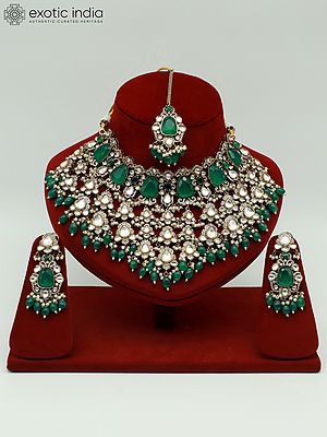 Heavy Moissanite Kundan Necklace Set With Earrings And Mangtika For Bride