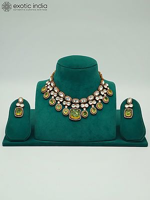 Beautiful Moissanite Necklace Set With Doublet Stone, Uncut Kundan And Antique Polished Earrings