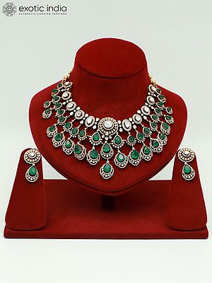 Traditional Moissanite Necklace Set With Doublet Stone And Antique Polish Earrings