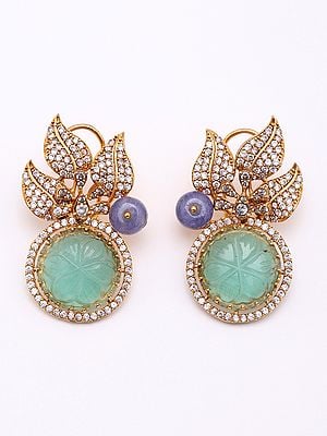 Mint Green Stone Studded Leaf Design Earrings
