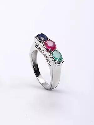 Faceted Emerald Ruby and Sapphire Ring