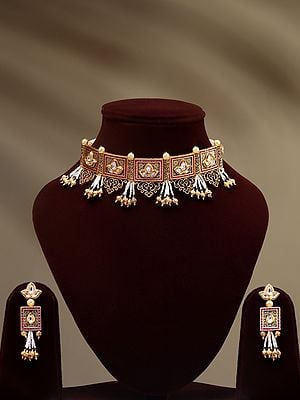 Square Shape Choker and Earrings Set with Beads Drop
