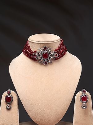 Red Stone Studded and Beaded Choker and Earrings Set