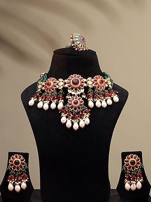 Floral Design Stone Studded and Beaded Choker and Earrings Set with Ring