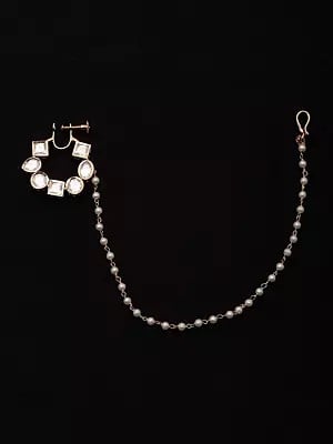 Kundan-Studded Vilandi Nose Ring with Beaded Chain