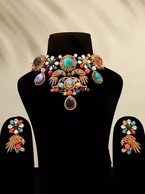 Multicolor Stone Studded Designer Necklace and Earrings Set