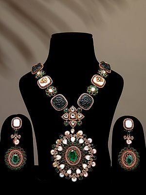 Victorian Style Green Stone Studded Long Necklace