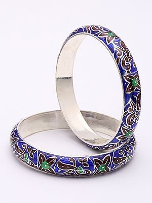 Enamel Floral Vine Swirl Sterling Silver Bangles (Set of 2)