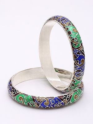 Enamel Elephant Sterling Silver Pair of Bangles