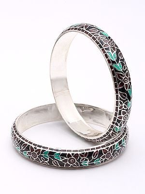 Enamel Floral Vine Swirl Sterling Silver Pair of Bangles