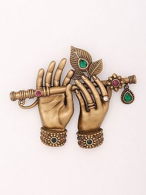 Stone Studded Krishna's Flute Brass Brooch