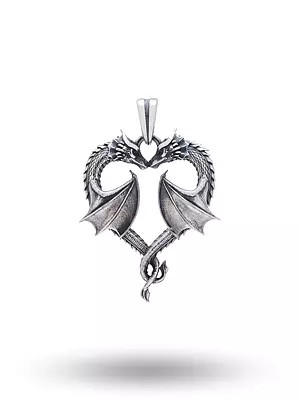 Antique Finish Double Dragon Heart Pendant