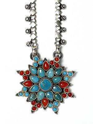 Floral Design Turquoise and Coral Pendant Necklace