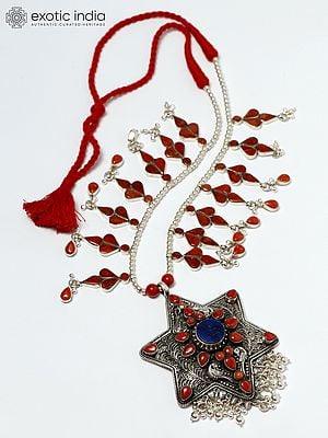 Star Shape Sterling Silver Necklace with Coral and Lapis Lazuli