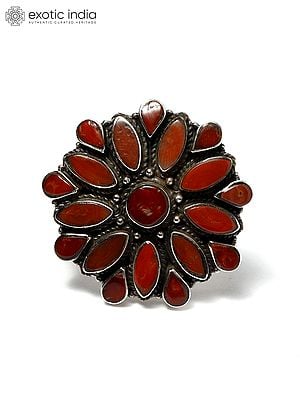 Adjustable Floral Design Ring with Coral