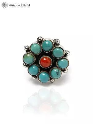 Tibetan Turquoise Ring with Coral In Center