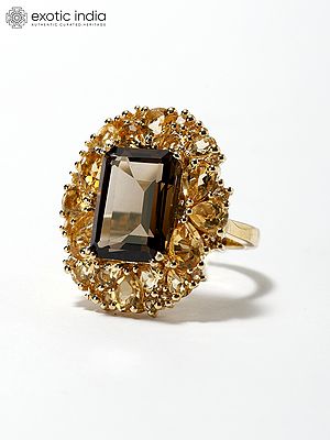 Rectangular Cut Smoky Quartz Ring with Yellow Quartz