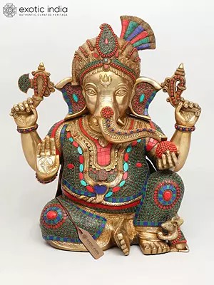 21" Sitting Four Armed Turbaned Lord Ganesha | Brass Statue with Inlay Work