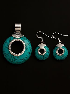 Spider's Web Faux Turquoise Pendant with Matching Earrings Set - Sterling Silver