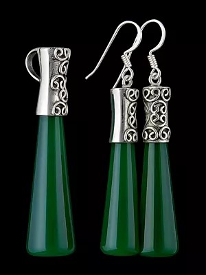 Inlay Pencil Pendant with Matching Drop Earrings Set - Sterling Silver