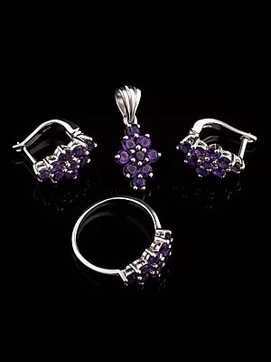 Faceted Amethyst Pendant with Earrings and Ring Set