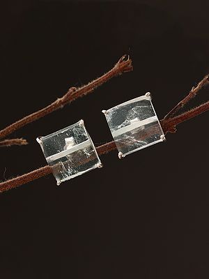 Square Shaped Aqua Crackle Gemstone Stud Earrings