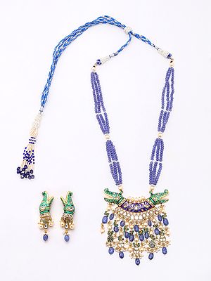 Meenakari Crocodile Design Necklace and Earrings Set with Tanzanite Beads