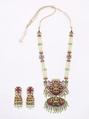 Pearl Beaded Triple Strand Traditional Goddess Laxmi Necklace and Earrings Set