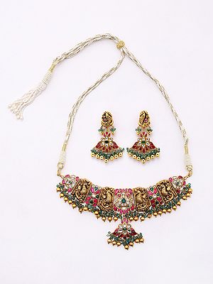 Kundan Studded Sterling Silver Choker Necklace and Earring Set