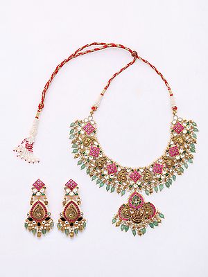 Stone Studded Sterling Silver Necklace and Earring Set with Dangling Beads