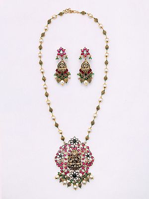 Flower Vines Design Goddess Lakshmi Necklace and Earrings Set