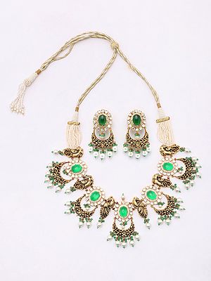 Polki Diamond Studded Peacock Design Necklace Set with Earrings