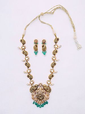 Polki Diamond Studded Goddess Lakshmi Necklace and Earrings Set